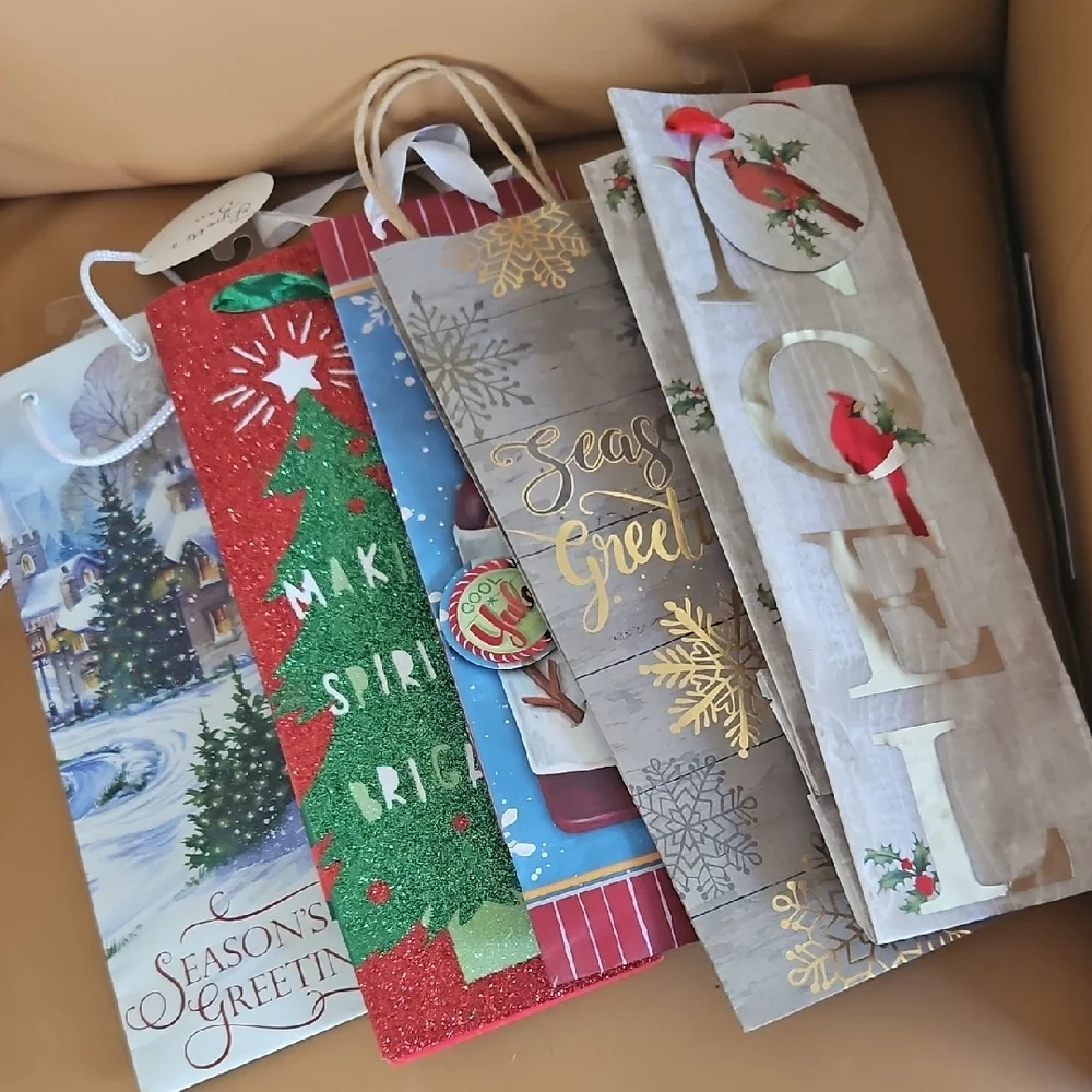 Set of 6 Assorted Wine Gift Bags - Red, Black, White, and Gray.